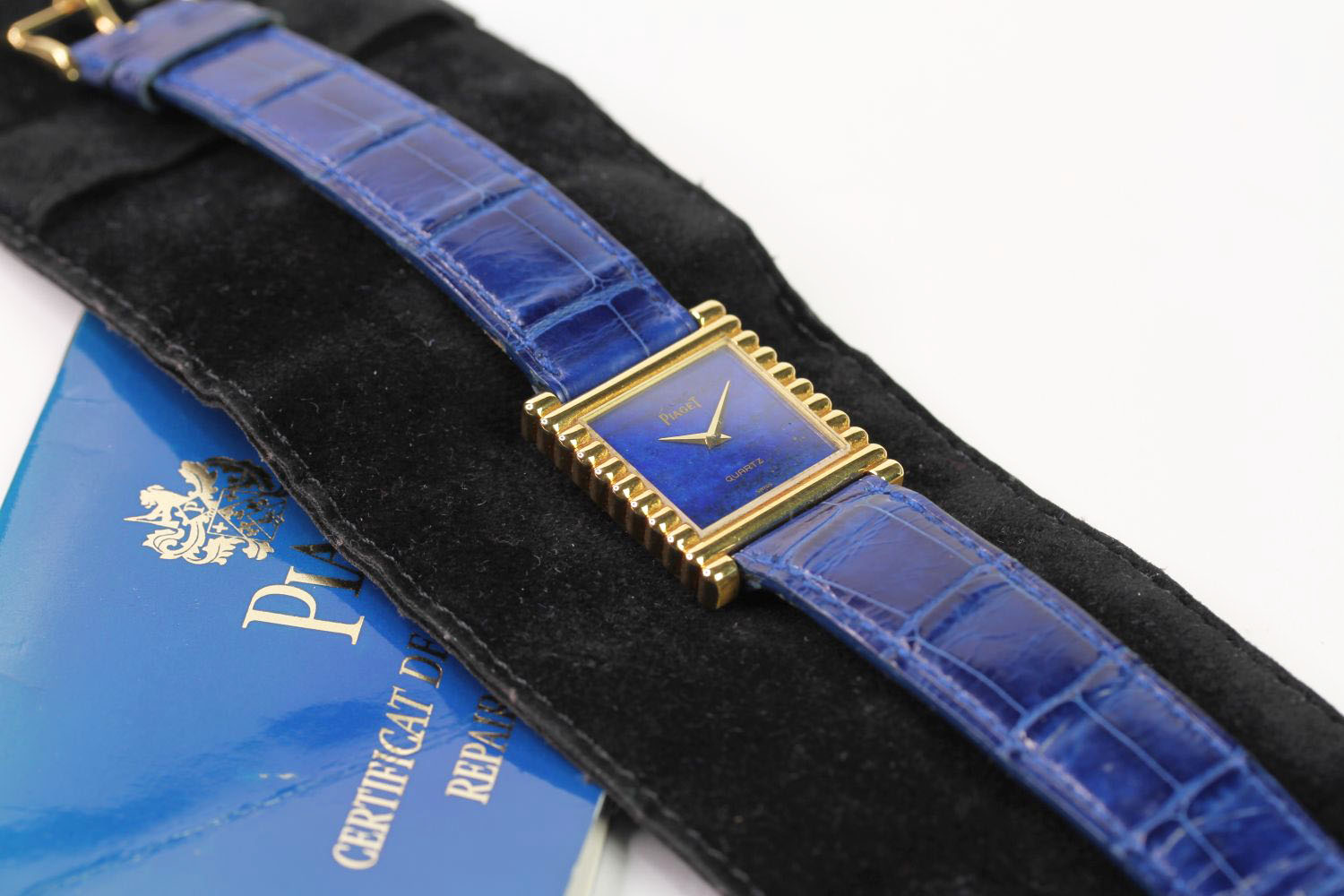18CT PIAGET LAPIS WRIST WATCH WITH PAPERS AND POUCH REFERENCE 71310, square lapis dial with gold - Image 2 of 4