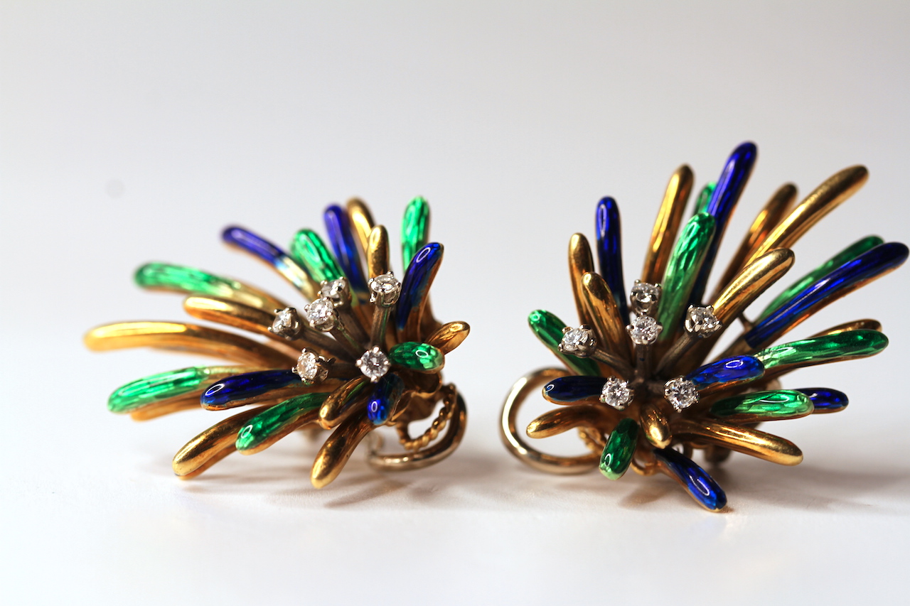 Pair of Vintage Diamond and Enamel spray clip on earrings, six small brilliant cut diamonds each