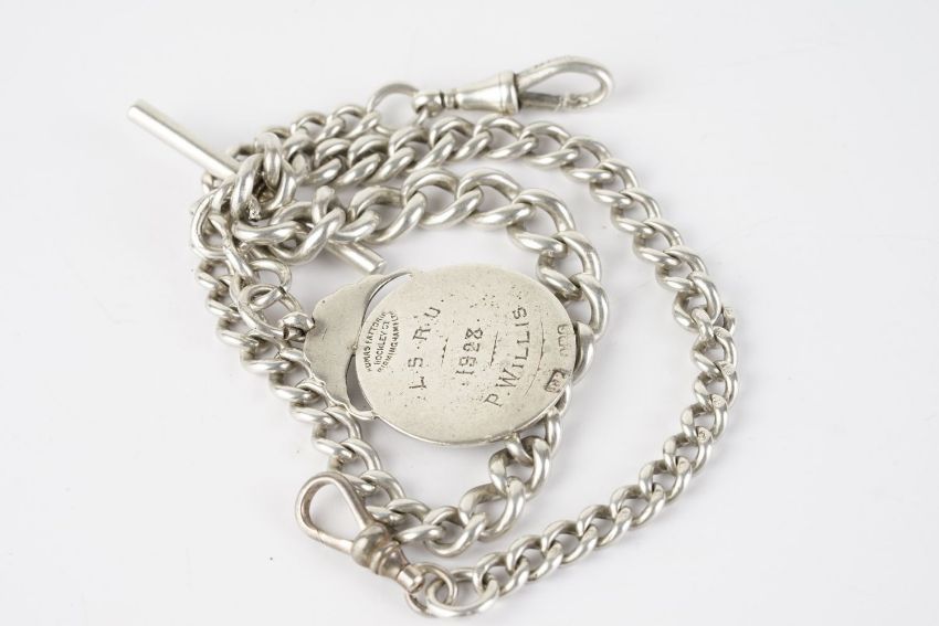 ANTIQUE STERLING SILVER ALBERT CHAIN W/ FOB, albert chain with fob and t bar, possibly, approx 38cm, - Image 2 of 2