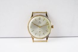 GENTLEMENS TUDOR 9CT GOLD WRISTWATCH, circular silver dial with gold hour markers and hands,