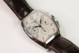 GENTLEMAN'S LONGINES AUTOMATIC CHRONOGRAPH WATCH WITH BOX AND BOOKLETS, tonneau silver dial with