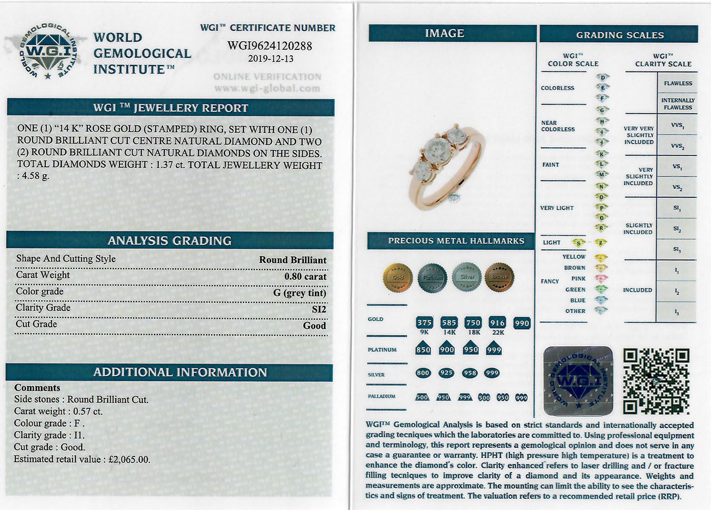 Diamond Trilogy Ring, set with 3 round brilliant cut diamonds totalling 1.37ct, stamped 14ct rose - Image 3 of 3