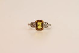 Yellow Sapphire & Diamond Ring, step cut yellow sapphire set to the centre, 2 brilliant cut diamonds