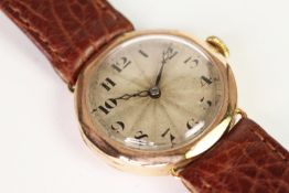 VINTAGE ROLEX 9CT TRENCH WATCH, circular silcer dial with arabic numeral hour markers, 28mm 9ct gold