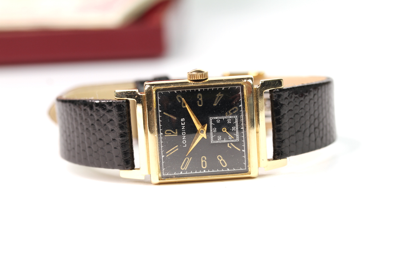 GENTLEMENS VINTAGE LONGINES WRISTWATCH WITH BOX AND PAPERS, square black dial with arabic numbers, - Image 2 of 5