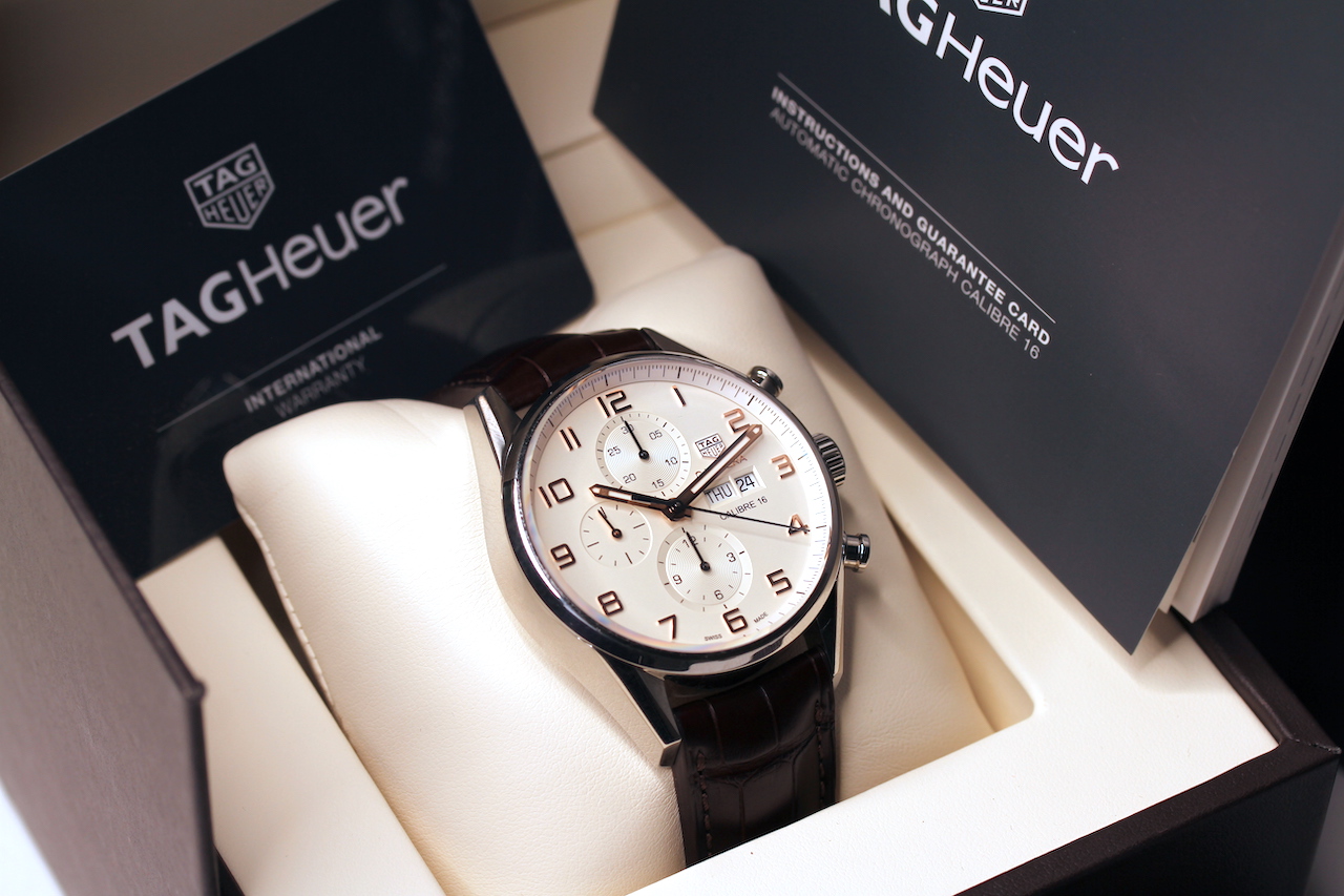 GENTLEMEN'S TAG HEUER CARRERA REFERENCE CV2A1AC W/BOX + PAPERS, cream dial, rose gold arabic