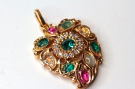 21K EMERALD, DIAMOND,RUBY AND SAPPHIRE PENDANT, brilliant cut diamonds estimated as 0.30ct total,