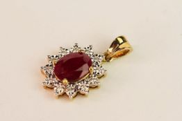 9ct yellow gold oval-cut ruby and round brilliant cut diamond cluster pendant. Ruby 1.80ct