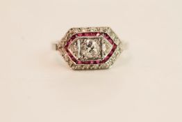 Art Deco Style Ruby & Diamond Ring, raised centre square collet illusion set with a round diamond,