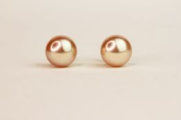 9ct yellow gold pink/peach freshwater pearl studs, boxed, butterfly backs.