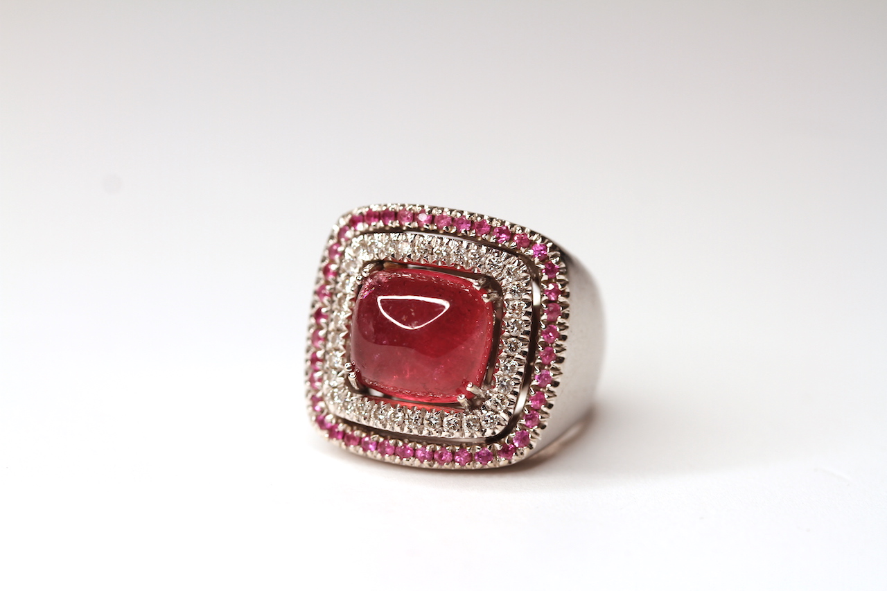 18CT RUBELLITE AND DIAMOND DRESS RING, maker robetti, central stone estimated 11x11mm, total