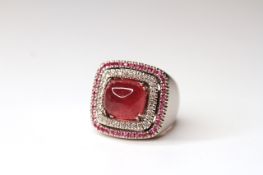 18CT RUBELLITE AND DIAMOND DRESS RING, maker robetti, central stone estimated 11x11mm, total