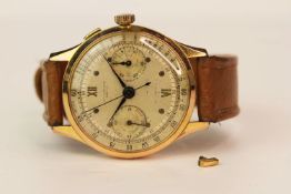 GENTLEMENS CHRONOGRAPHE SUISSE CHRONOGRAPH WRISTWATCH, circular twin register two tone dial with dot