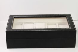 10 PIECE BLACK WATCH BOX, 10 piece watch box, comes with 9 cushions, display glass with hinge