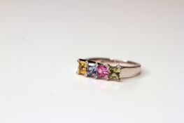 4 colour sapphire ring, set with 4 stones approximately 4mm each square cut yellow, blue, pink and