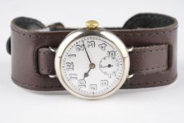 GENTLEMENS SILVER TRENCH WRISTWATCH, circular white dial with arabic numeral hour markers and hands,