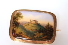 Swiss enamel scenic brooch with provenance, depicting a hand painted image of Rosenau castle in