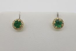 Pair Of Emerald & Diamond Circular Earrings, 9ct yellow gold, estimated emerald total 0.36ct,