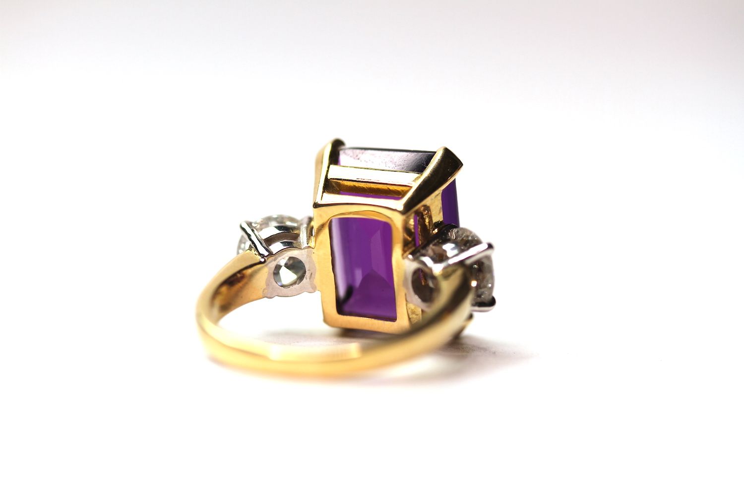 AMETHYST AND DIAMOND 18CT GOLD RING, rectangular cut amethyst, approximately 16x12mm, two - Image 2 of 2