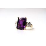 AMETHYST AND DIAMOND 18CT GOLD RING, rectangular cut amethyst, approximately 16x12mm, two