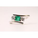 Square Emerald & Diamond 3 Stone Cross Over Ring, round brilliant cut diamonds, stamped 14ct white