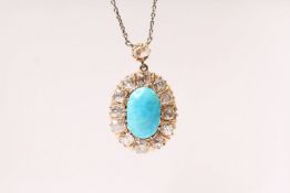 Victorian Diamond & Turquoise Pendant, old cut diamonds surround the turquoise, an estimated 2cts