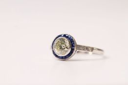 Sapphire & Diamond Target Ring, the centre diamond is approximately 1.00ct, stamped 18ct white gold,