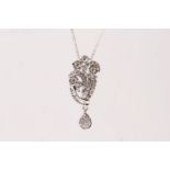 Diamond Scroll Pendant & Chain, chain is approximately 44cm in length, white gold, total approximate