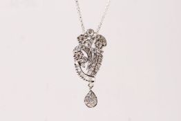 Diamond Scroll Pendant & Chain, chain is approximately 44cm in length, white gold, total approximate
