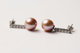 Pair Of Pink South Sea Pearl & Diamond Earrings, set with 2 round cultured pearls, 10 round