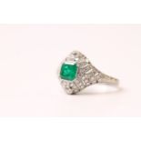Columbian Emerald & Diamond Bombe Style Dress Ring, stamped platinum, estimated emerald weight 0.