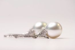Pair of Southsea Pearl & Diamond Drop Earrings, diamond set clip close tops with a tinker bell