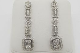 Pair Of Diamond Drop Earrings, for pierced ears with scroll butterflies, total approximate diamond