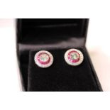 Pair Of Art Deco Style Diamond & Ruby Target Earrings, centre diamonds estimated total 0.60ct, these