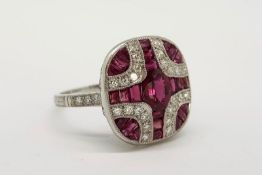 Ruby & Diamond Cross Design Dress Ring, central oval cut ruby estimated 0.64ct, diamond set