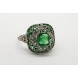 Columbian Emerald Dress Ring, centre set with a columbian emerald inside an emerald and diamond