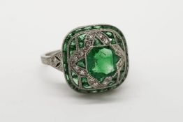 Columbian Emerald Dress Ring, centre set with a columbian emerald inside an emerald and diamond