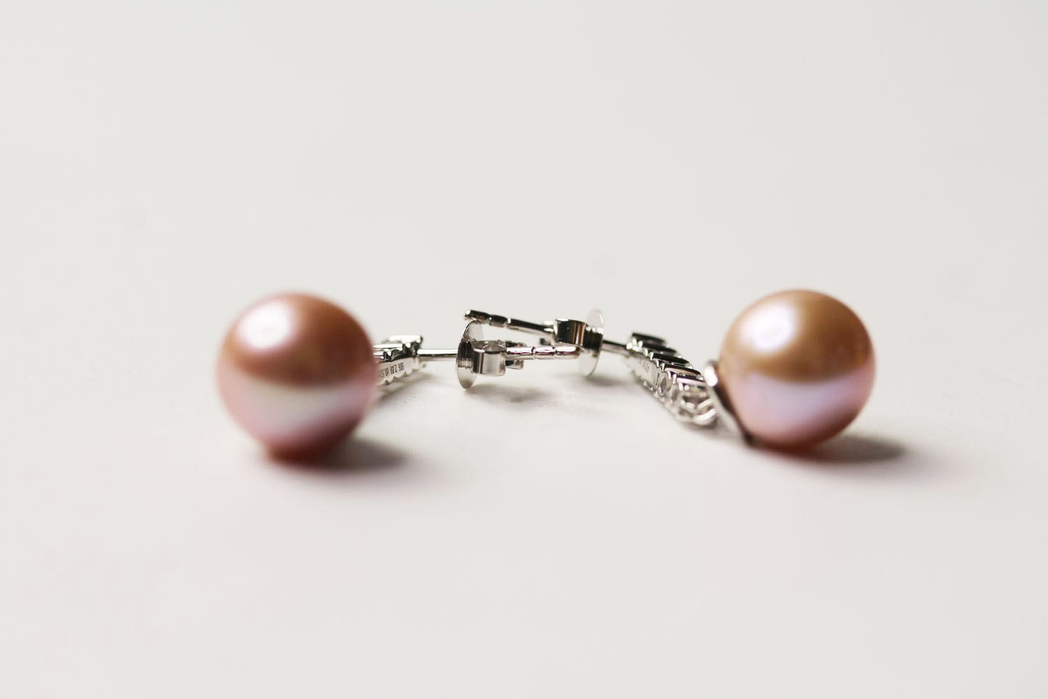 Pair Of Pink South Sea Pearl & Diamond Earrings, set with 2 round cultured pearls, 10 round - Image 2 of 3