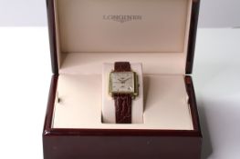 LONGINES 18CT ULTRA CHRON AUTOMATIC WITH BOX, cream square dial with baton hour markers, date