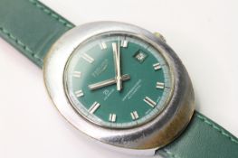 SICURA AUTOMATIC 25 JEWELS DATE WRIST WATCH, circular green dial with baton hour markers, date at