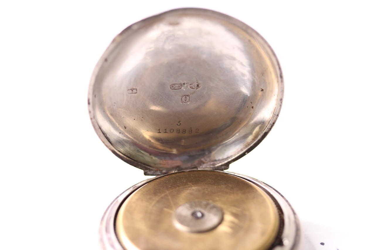 Silver 8 Day open faced pocket watch, porcelain demi dial, open work balance, silver case, stop/ - Image 4 of 4