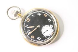 VINTAGE RECORD G.S.T.P MILITARY POCKET WATCH CIRCA 1940s, circular black dial with arabic numeral