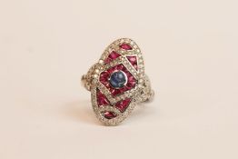 18ct white gold and platinum large Art Deco-style ruby and diamond ring with cabochon sapphire, ring