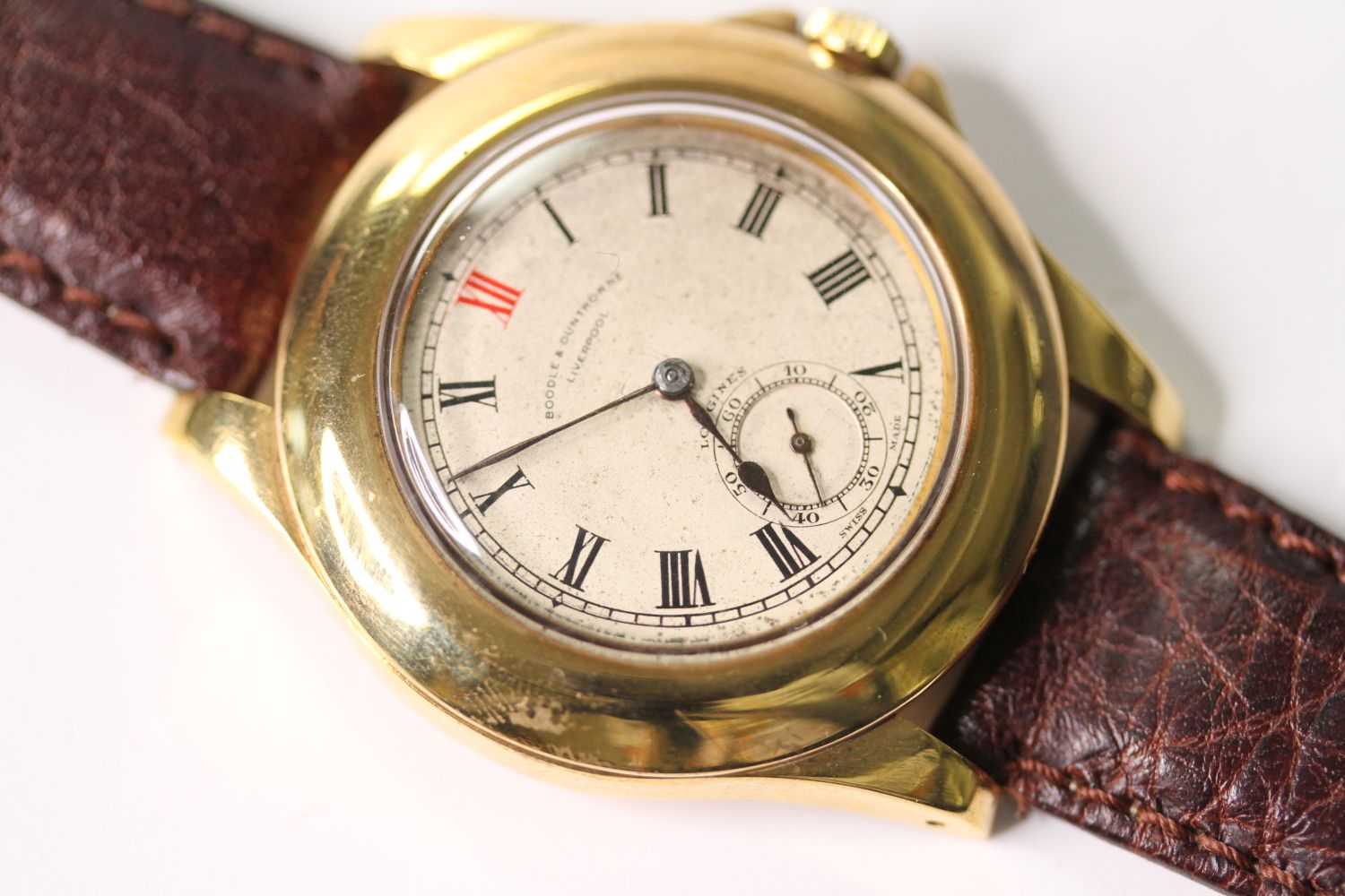 LONGINES x BOODLE & DUNTHORNE WRIST WATCH WITH BOX, circular cream patina dial with roman numeral - Image 2 of 3