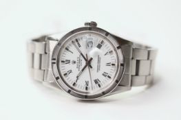 ROLEX OYSTER PERPETUAL DATE REFERENCE 15010, circular white dial with roman numeral hour markers,