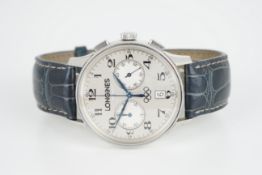 GENTLEMENS LONGINES OLYMPICS EDITION CHRONOGRAPH WRISTWATCH, circular silver twin register dial with