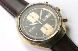 SEIKO KAKUME DAY DATE CHRONOGRAPH AUTOMATIC REFERENCE 6138-8030, circular black dial with two gold