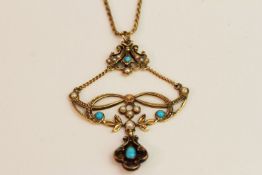 Art Nouveaux Pearl & Turquoise Pendant, tests as 1