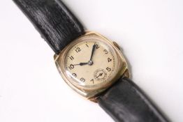 9CT GOLD TRENCH WRISTWATCH, circular silver dial with arabic numbers, small seconds at 6 0'clock,