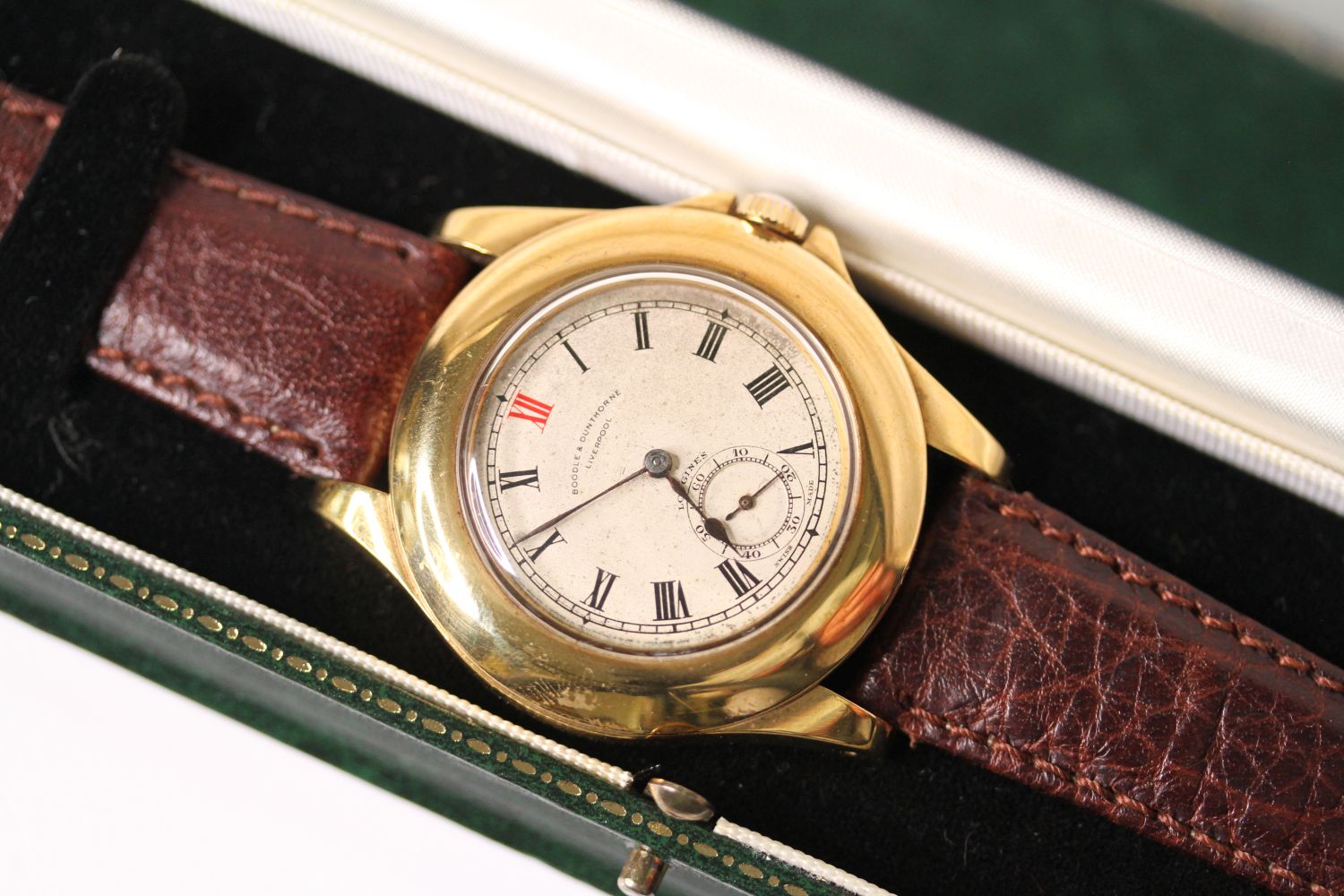 LONGINES x BOODLE & DUNTHORNE WRIST WATCH WITH BOX, circular cream patina dial with roman numeral